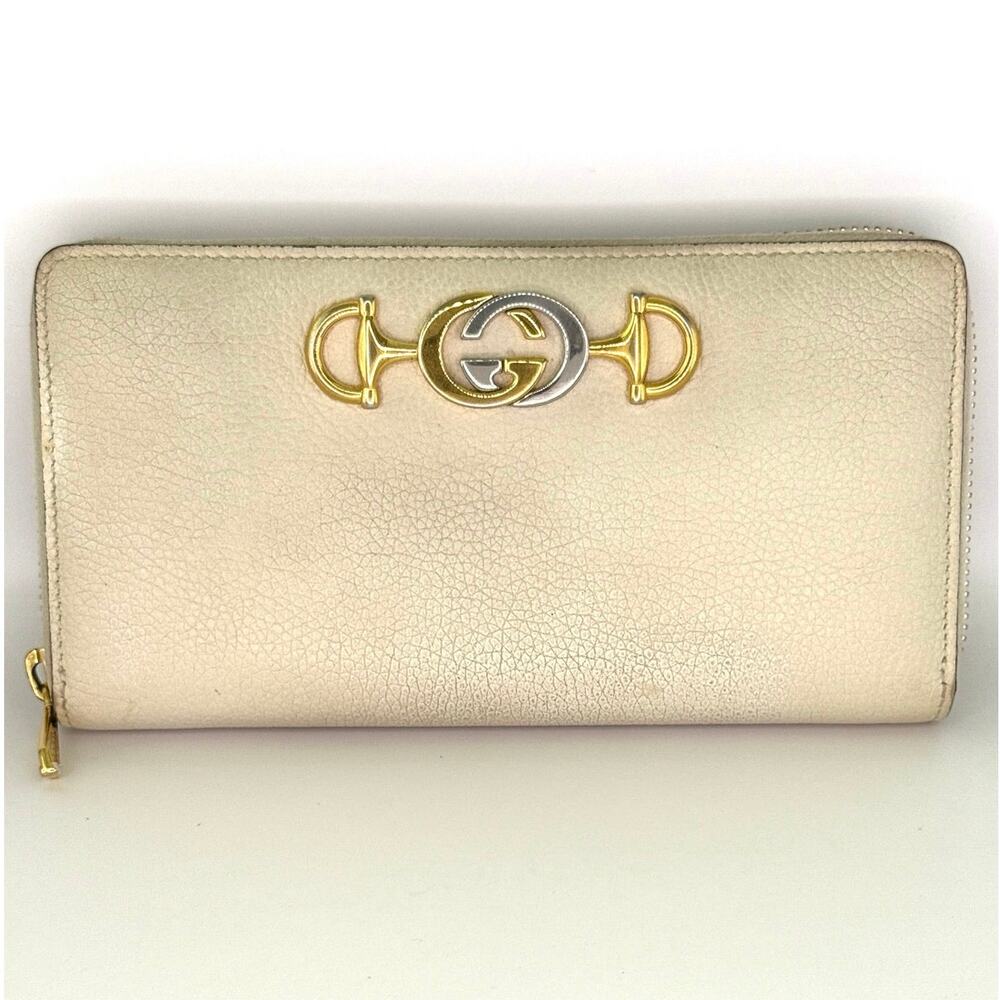 Gucci GG Two Tone Hardware Cream Leather Zip Around Wallet